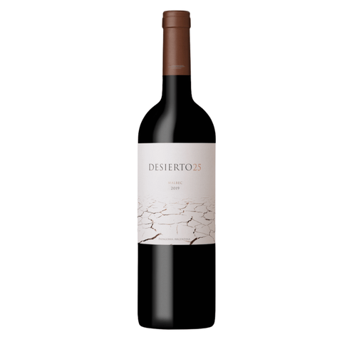 Desierto 25 Malbec Red Wine 750ml bottle from Patagonia, Argentina, 2019 vintage, featuring rich blackberry and plum aromas.