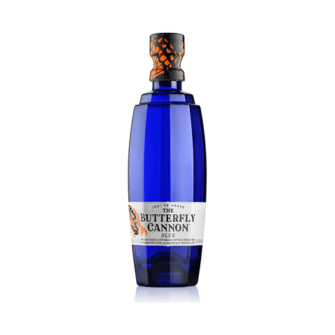 Butterfly Cannon Blue Tequila 50cl bottle made from 100% agave, featuring a vibrant blue color and Mexican botanicals.