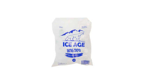 2kg sealed bag of Ice Age crystal-clear food-grade ice, perfect for chilling beverages and preserving food, made in Georgia.