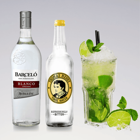 Mojito cocktail made with white rum, lime juice, mint, and tonic water, featuring Barcelo Blanco rum and Thomas Henry tonic.
