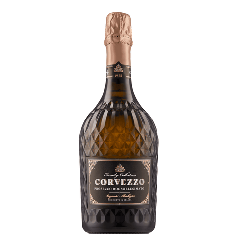 Bottle of Corvezzo Prosecco DOC Millesimato Organic 750ml from Italy with elegant packaging.