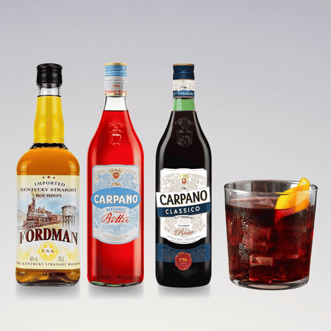 Boulevardier cocktail ingredients: Ford's bourbon, Carpano Botanic Bitter, Carpano Classico Rosso, and cocktail glass with orange peel.