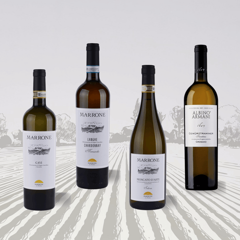 Italian White Wine Set with 4 Bottles: Gavi, Langhe Chardonnay, Moscato d'Asti, Gewürztraminer. Authentic Italian Elegance.