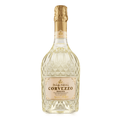 Corvezzo Moscato Sparkling Wine Organic 750ml bottle with gold foil, 6.5% ABV, Italian sweet wine.