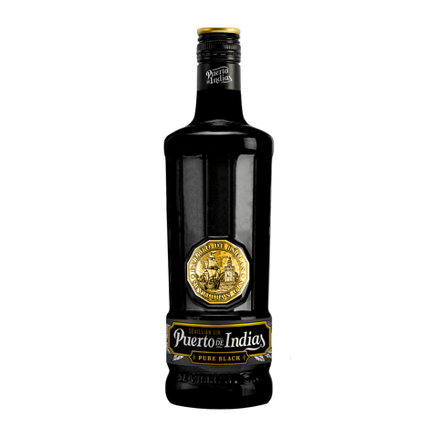 Puerto de Indias Pure Black Gin 1L bottle, London Dry-style, 40% ABV, crafted in Seville, Spain with juniper and citrus notes.
