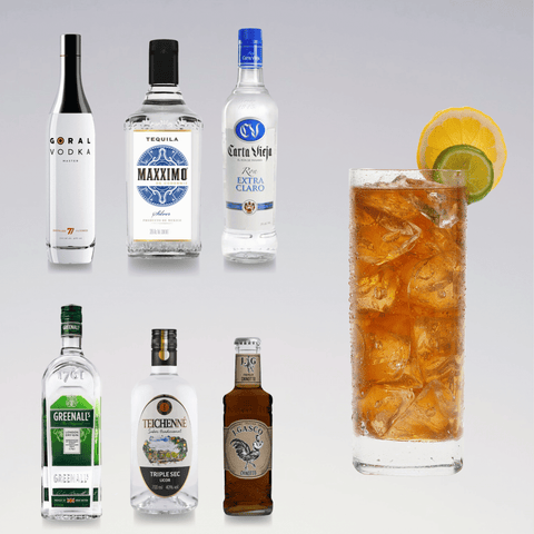Long Island Cocktail with ingredients: vodka, tequila, rum, gin, triple sec, lemon juice, syrup, and a glass served with lime or lemon slice.