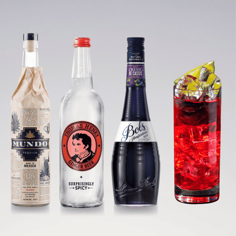El Diablo cocktail ingredients: tequila, ginger beer, crème de cassis, and a red cocktail with ice and lime wedge on white background.