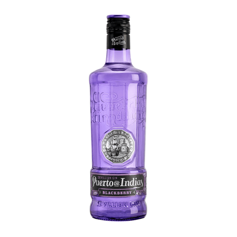 Puerto de Indias Blackberry Gin 70cl bottle, vibrant purple, crafted with natural blackberries, Spain, 37.5% strength.