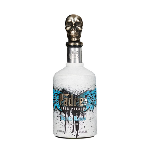 Padre Azul Blanco Tequila 700ml bottle with skull cap, crafted 100% from Jalisco blue agave, showcasing premium Mexican craftsmanship.