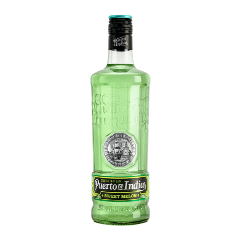 Bottle of Puerto de Indias Sweet Melon Gin 0.7L from Spain with 40% ABV in a green glass with label, offering fruity melon flavor.