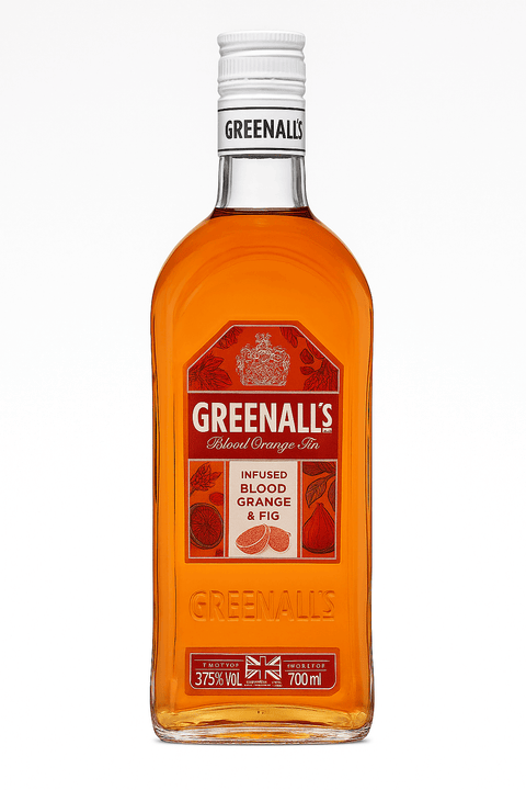 Greenalls Blood Orange & Fig Gin 700ml bottle with vibrant orange hue, showcasing its English gin craftsmanship.