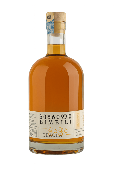 Bimbili Chacha Oaked 0.5L bottle, 48% alcohol, Georgian grape spirit aged in oak barrels with amber color and vanilla notes.