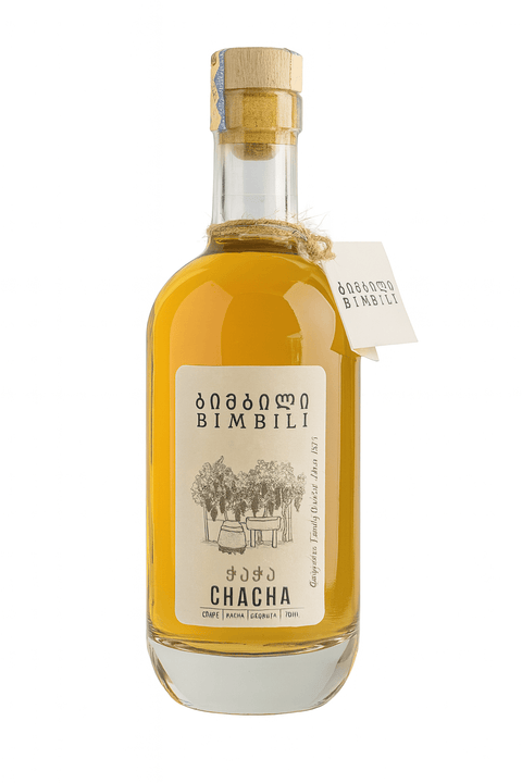 Bimbili ChaCha Oaked 0.75L bottle, 48% vol, premium Georgian grape pomace spirit with oak-aged amber color and vanilla aroma.