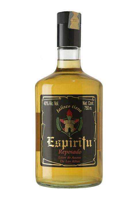 Bottle of Espiritu Reposado Tequila Liqueur, 75cl, 40% ABV, displaying rich golden color from Mexico.