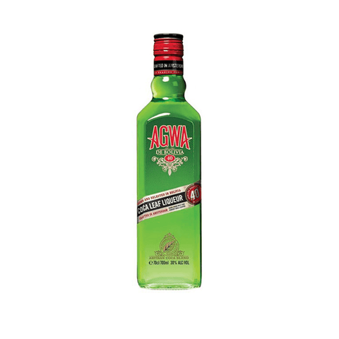 Bottle of Agwa De Bolivia Herbal Liqueur, 70cl, 30% ABV, featuring exotic coca leaf and botanical design.