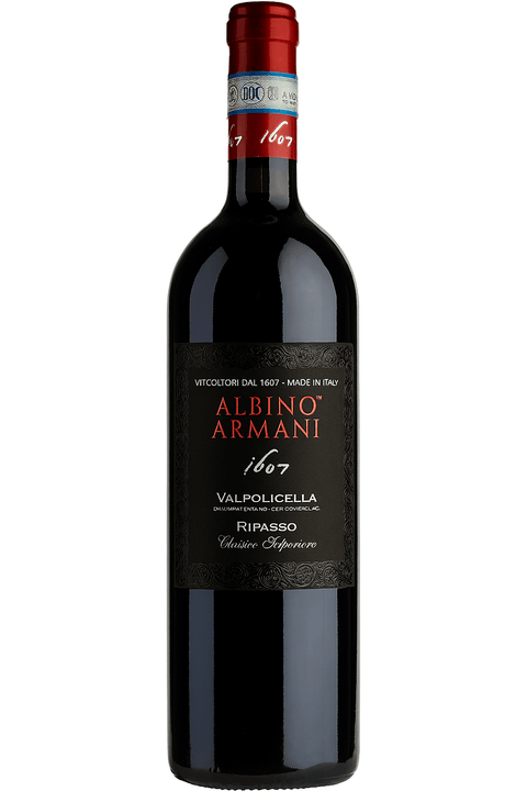 Bottle of Albino Armani Valpolicella Ripasso Classico Superiore red wine, Italy, showing label and cork.