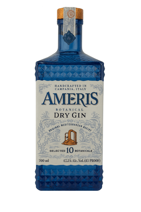 Ameris Botanical Dry Gin Blue Edition 70cl bottle, premium Italian gin with 10 botanicals in sapphire-blue embossed glass.