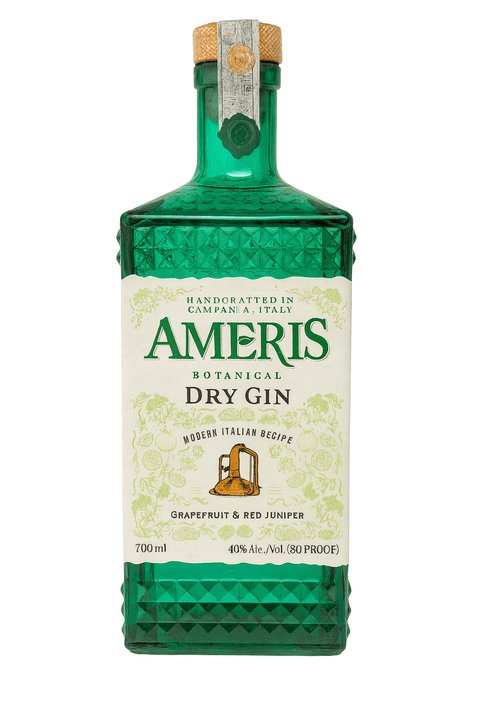 Elegant Ameris Botanical Dry Gin bottle Italy 70cl 40%, featuring embossed green design, handcrafted with Mediterranean botanicals.