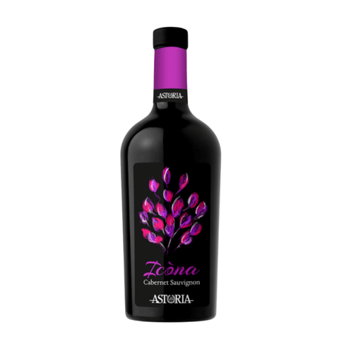 Astoria Icona Cabernet Sauvignon wine bottle with purple cap and floral design.