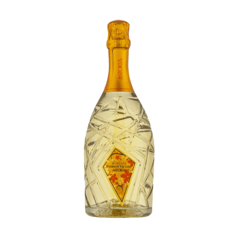 Astoria Moscato Fashion Victim 750 ml bottle with vibrant golden hue, features distinctive Italian sparkling wine label.