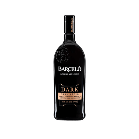 Barcelo Dark Gran Anejo Rum 70cl bottle, 37.5% alcohol, Dominican Republic, aged in oak, distinct smooth flavor.
