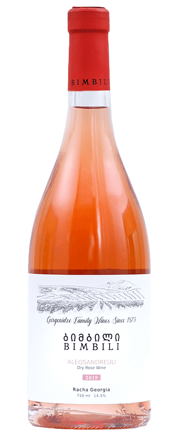 Bimbili Aleksandrouli Rose Wine 2019, 750ml bottle from Racha, Georgia, featuring a 14.5% ABV with a distinct rosé hue.