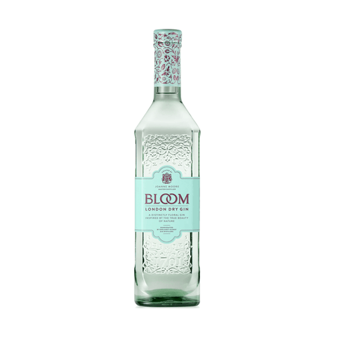 Bloom London Dry Gin 750 ml bottle with floral design, emphasizing chamomile and honeysuckle notes, distilled in the UK.