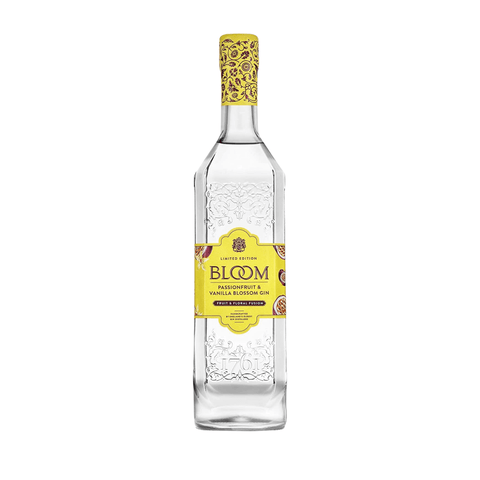 Bloom Passionfruit & Vanilla Blossom Gin 700 ml bottle, 40% ABV, UK limited edition, tropical and floral spirit for cocktails.