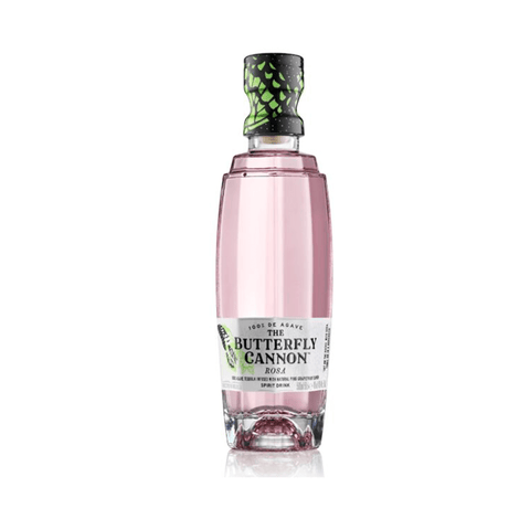 Tequila Butterfly Cannon Rosa 0.5L bottle, pink premium tequila from Mexico with floral and citrus infusion, 40% ABV.