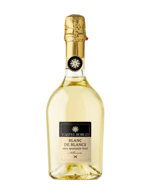 Castel Borgo Blanc de Blancs Vino Spumante Brut 750 ml bottle with elegant design against a white background.