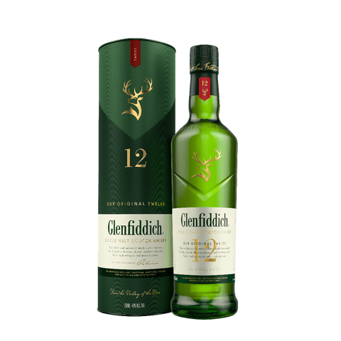 Glenfiddich 12 Year Old Single Malt Scotch Whisky 1L bottle and packaging, 40% ABV, Speyside, Scotland.