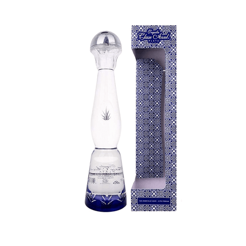 Clase Azul Plata Tequila 0.75L bottle with box, handcrafted and painted, showcasing premium Mexican artistry.
