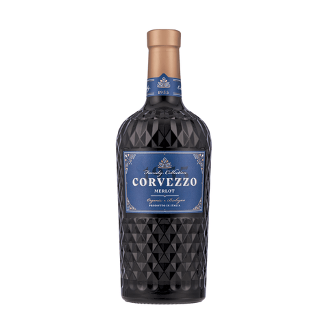 Corvezzo Merlot Red Wine 2022 bottle, organic and vegan, from Veneto, Italy. Deep ruby color with aromas of berries and vanilla.