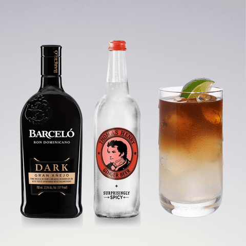 Dark and Stormy cocktail ingredients: Ron Barceló Dark Rum, Thomas Henry Ginger Beer, and lime garnish in a highball glass.