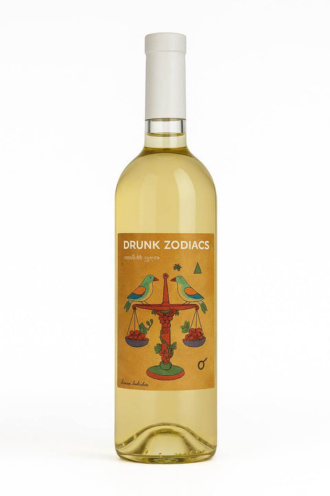 Drunk Zodiacs Alaznis Veli White Wine 750ml bottle from Kakheti, Georgia, with Libra zodiac design on label.