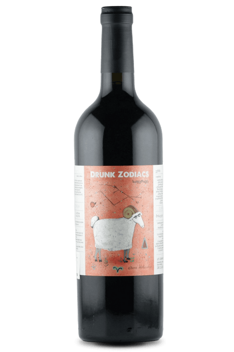 Drunk Zodiacs Aries Saperavi Red Wine 750ml bottle with unique sheep label design, 13.5% alcohol, 2019 vintage from Georgia.