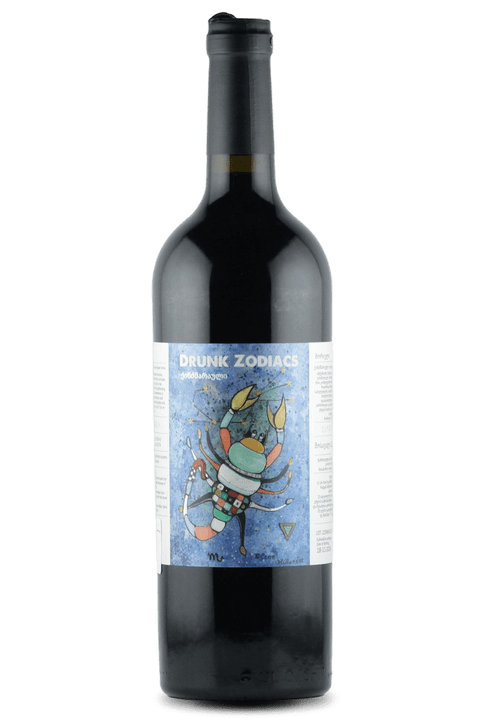 Drunk Zodiacs Scorpio Kindzmarauli Red Wine 750ml bottle with colorful astrological label, 2022 Georgia vintage.