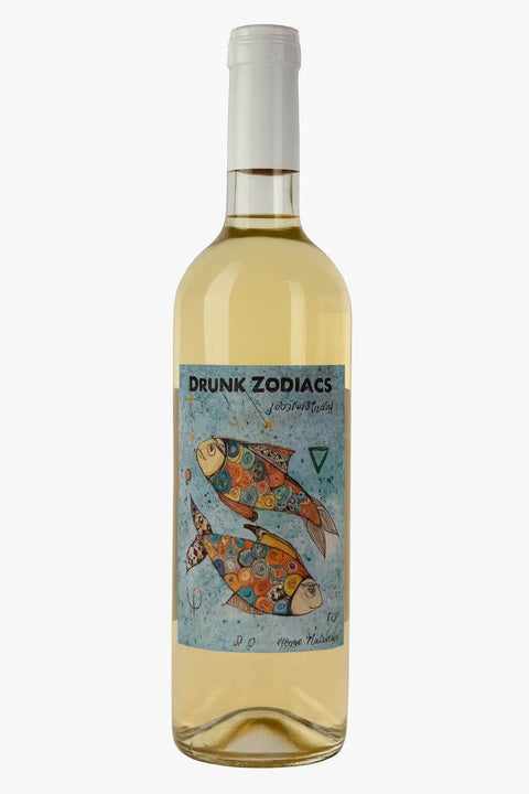 Bottle of Drunk Zodiacs Tetra Kakhuri Mtsvane Dry White Wine with Pisces design label.