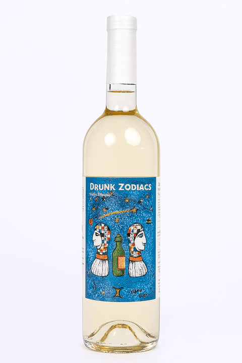 Bottle of Drunk Zodiacs Tsinandali White Dry Wine 2023, 12.5% ABV, 750ml, with label showing unique zodiac art.