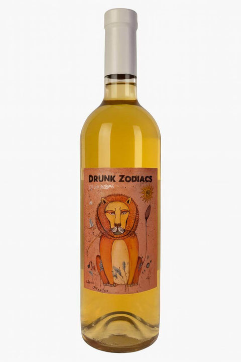 Drunk Zodiacs Lomi Khikhvi Qvevri Amber Wine bottle with Leo zodiac label, 13.5% alcohol, Kakheti, Georgia.
