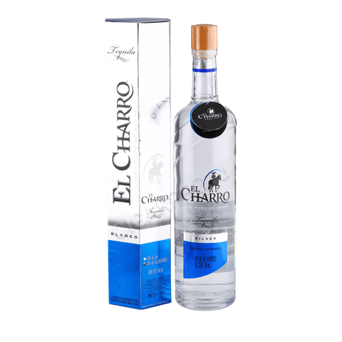 El Charro Silver Tequila 750ml bottle and box, 100% blue agave, premium Mexican tequila with 40% alcohol content.