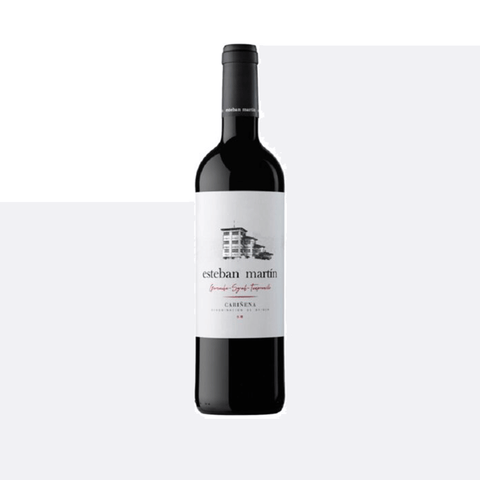 Esteban Martin Grenache-Syrah-Tempranillo Red Wine bottle, Spain, 14.5% ABV, features rich aromas and smooth tannins.
