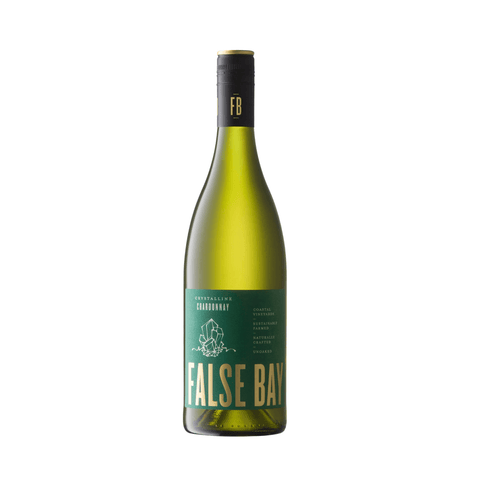 False Bay Crystalline Chardonnay wine bottle, 750 ml, 13%, South African coastal vineyards showcasing purity and elegance.