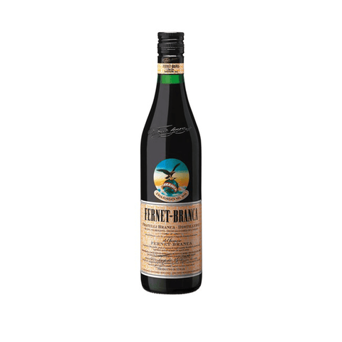 Fernet Branca Digestif 1L bottle from Italy with 40% ABV, iconic herbal liqueur crafted with 27 herbs and a dark mahogany hue.