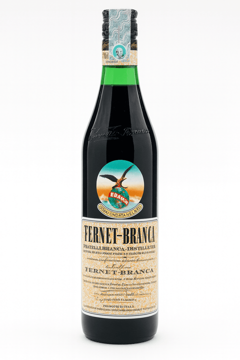 Fernet-Branca Amaro Digestif 500ml bottle, Italian herbal liqueur, 39% ABV, made with 27 herbs, spices, and roots, crafted in Milan.