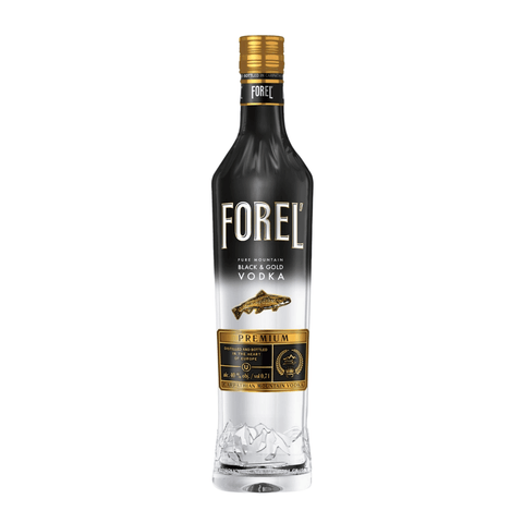 Forel Black & Gold Premium Vodka 700 ml bottle featuring luxurious Carpathian craftsmanship with 40% alcohol content, made in Ukraine.