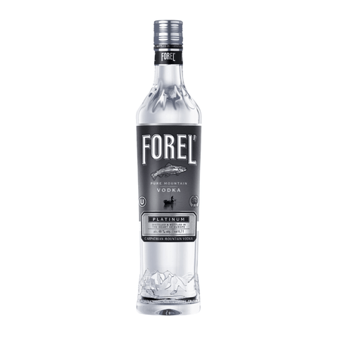 Forel Platinum Vodka 700 ml bottle, premium Ukrainian vodka with 40% alcohol, smooth and crisp, crafted with mountain spring water.