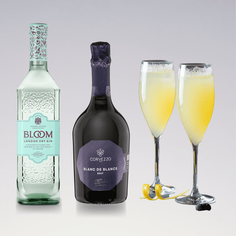 French 75 cocktail ingredients including Bloom gin, sparkling wine, and two finished cocktails with lemon garnish on a light background.
