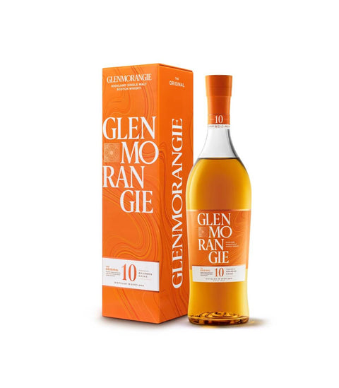 Glenmorangie Original 10 Year Old Single Malt Scotch Whisky 1L bottle and box display.