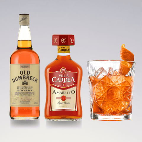 Godfather cocktail ingredients with Scotch whisky, amaretto, and a glass of the mixed cocktail. Perfect for a classic drink recipe.